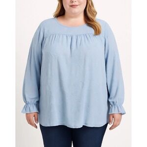 Fulingo Women's Blouse Tunic Blue Round Neck Long Sleeve Texture Floral Size 2xL